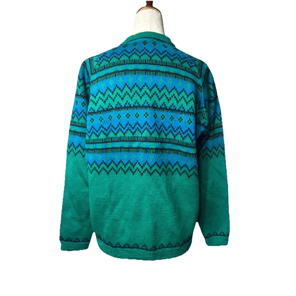 Vintage 50s 60s Kandel Wool Fair Isle Cardigan Sweater Sz L Herringbone Chevron - Picture 5 of 9